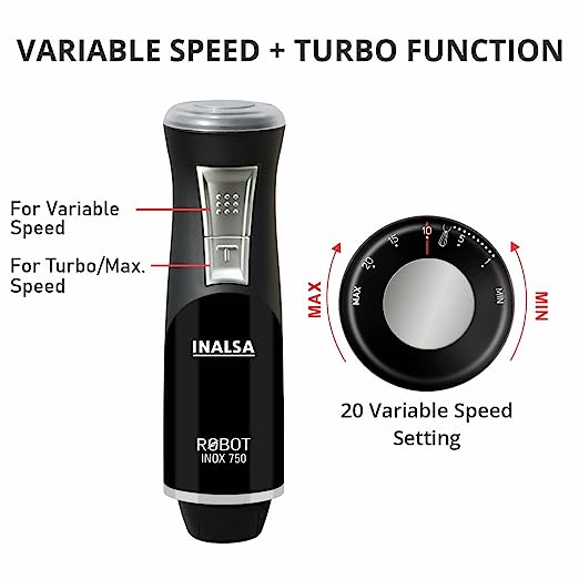 INALSA Hand Blender 750 Watt |Powerful Super Silent 100% Copper Motor| ANTI-SPLASH TECHNOLOGY| Variable Speed and Turbo Function| Stainless Steel Blade & Detachable Stem (Robot Inox 750S) INALSA Hand Blender 750 Watt |Powerful Super Silent 100% Copper Motor| ANTI-SPLASH TECHNOLOGY| Variable Speed and Turbo Function| Stainless Steel Blade & Detachable Stem (Robot Inox 750S)